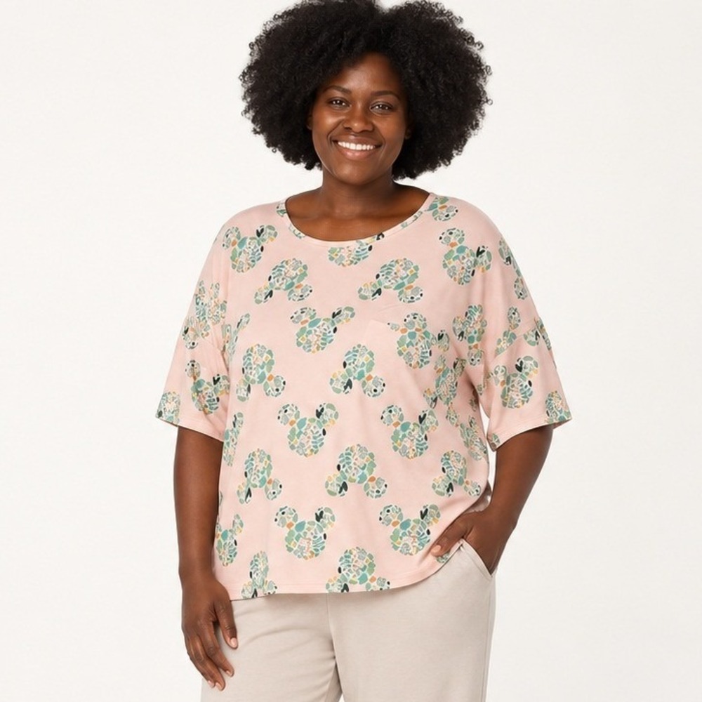 Disney Mickey Mouse Botanical Pajama Top XXL Pink Leaf Print Oversize Lounge Tee